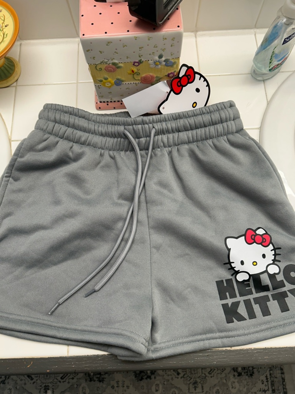 Hello Kitty Gray Lounge Shorts with elastic tie waist